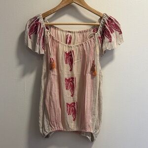 Free People Cream Boho Top with Pink Embroidery